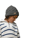 Kids' baby alpaca cable hat in botanical green, close-up