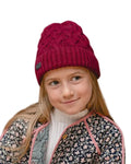 Kids' baby alpaca cable hat in mulberry, close-up