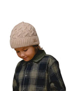 Kids' baby alpaca cable hat in wheat, close-up